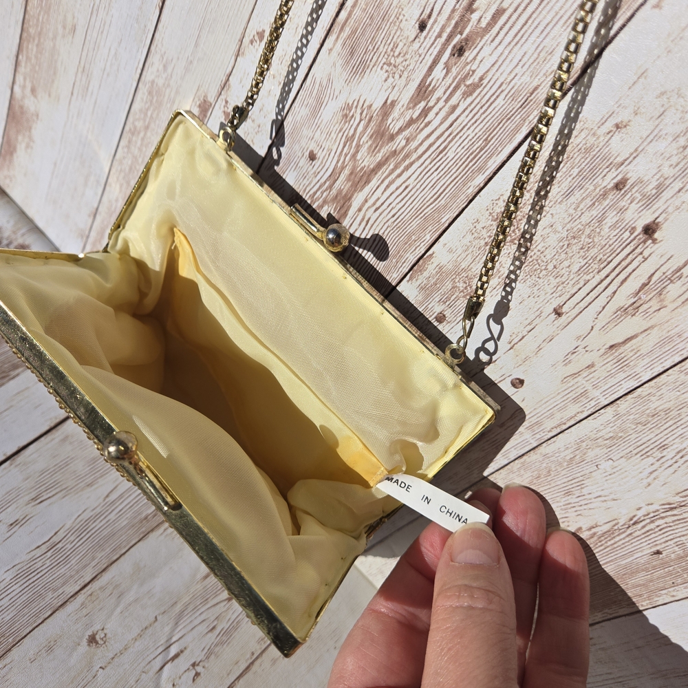 Vintage Gold Amber Beaded Evening Bag Clutch w/ Chain Strap Prom Wedding - Picture 12 of 12